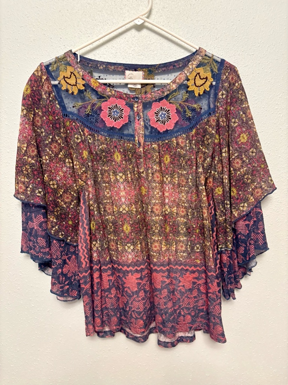 Anthropologie Floral Patchwork Embroidered Boho Flutter Top - Pink, Blue, Yellow